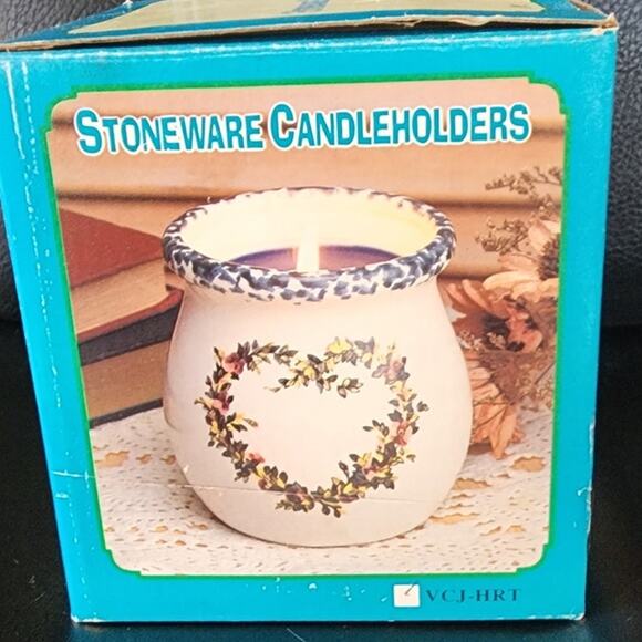 Stoneware Candle Holder with Blue Candle The multicolor flower design adds a pop - Picture 3 of 5